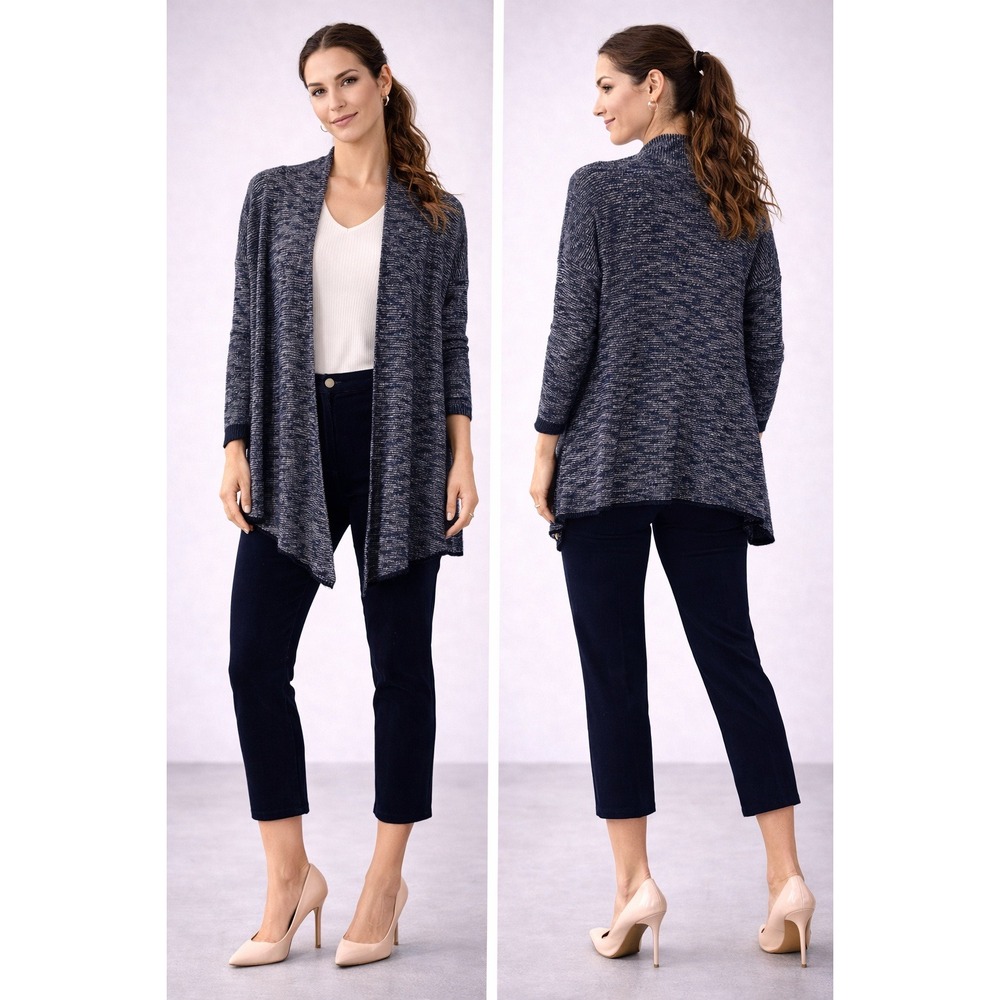 Eileen Fisher Blue Marled Open Front Draped Cardigan Sweater Large Linen Blend